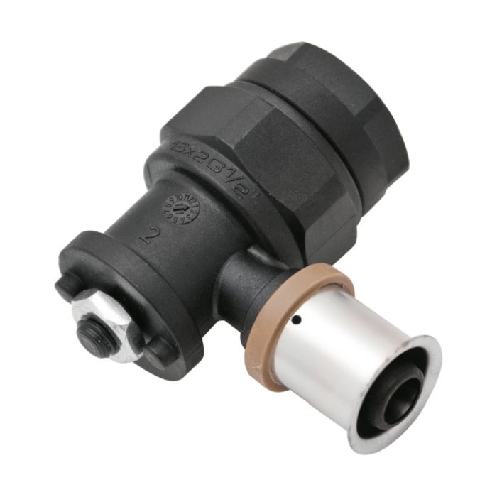 Коліно PPSU 16х2G1/2" фіксоване Press з прес-кільцем, з короткою полімерною заглушкою