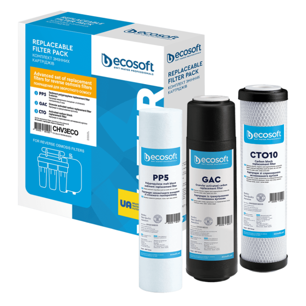 Покращений комплект картриджів Ecosoft 1-2-3 для фільтрів зворотного осмосу